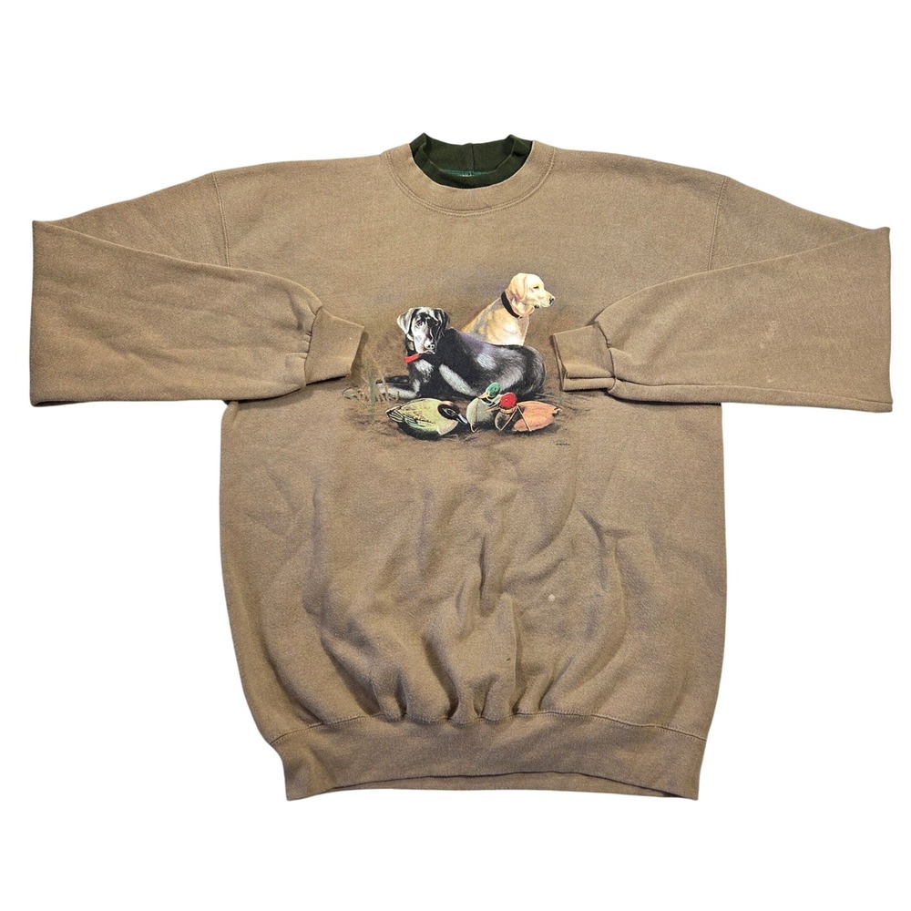 Vtg 1997 Artisans Labradors Ducks Graphic Sweatshirt Tan Heavyweight XL Retro